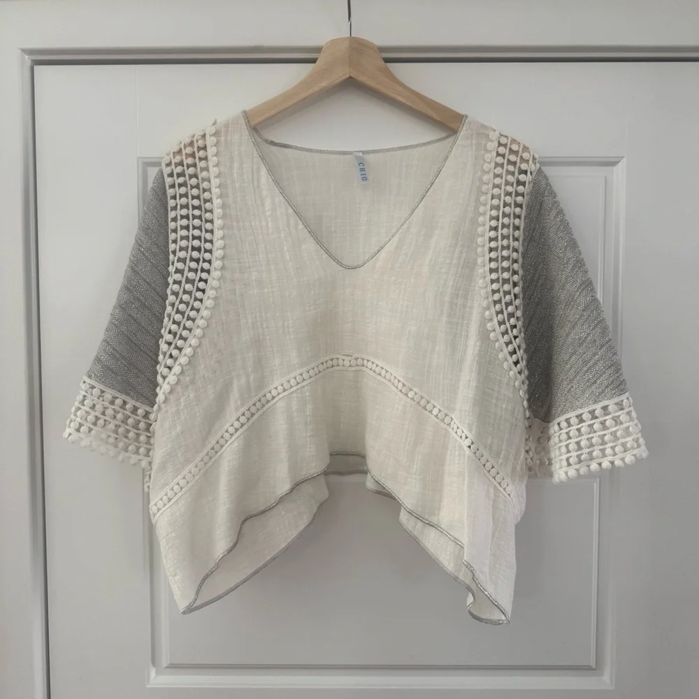 CHIO Di Stefania Cotton & Silver Lurex Knit Top with Lace Detail - Picture 1 of 3